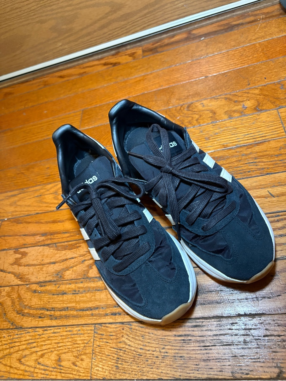 adidas Men’s Black Sneakers with White Stripes and Gum Sole